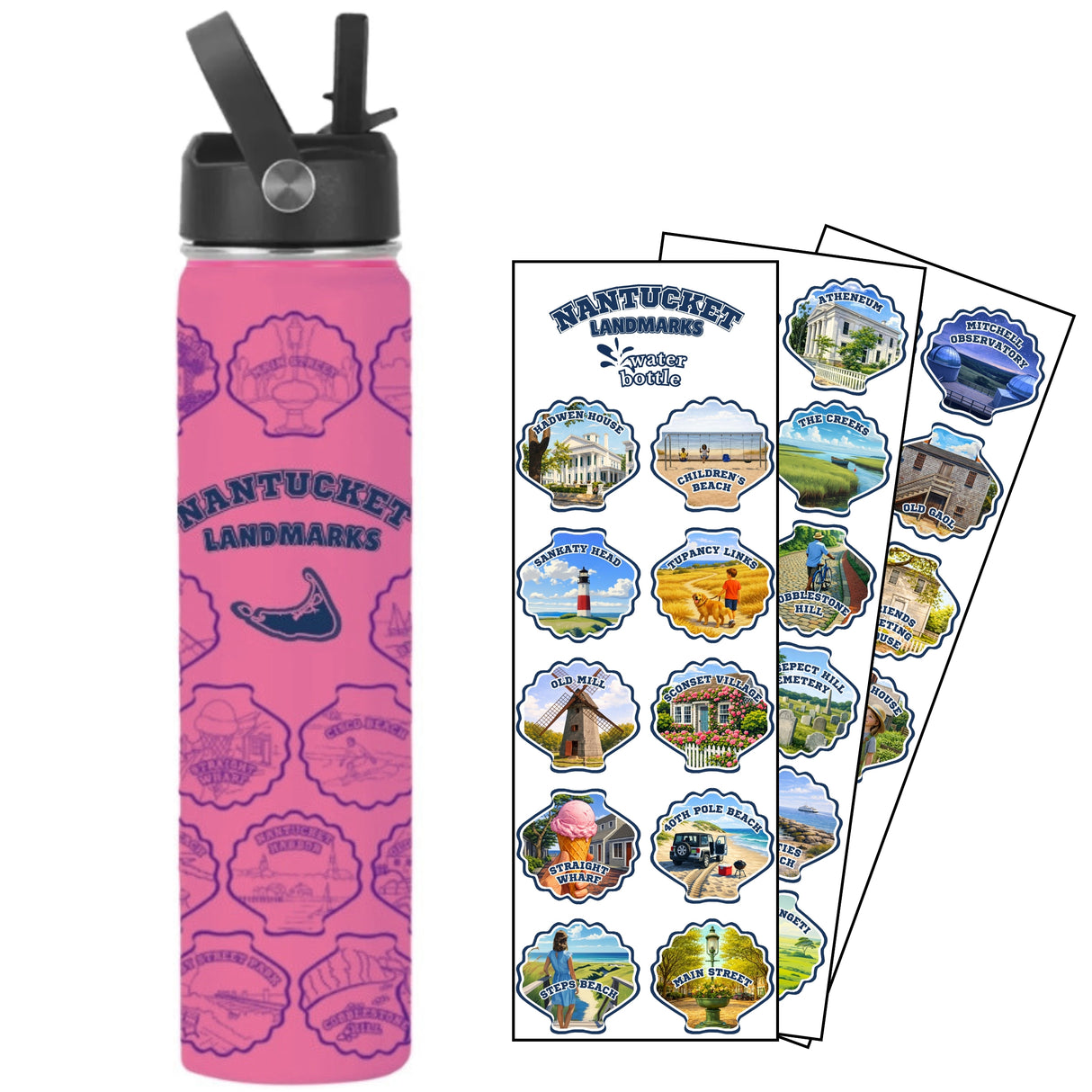 Nantucket Landmarks Water Bottle with Matching Stickers (Pink) 24.oz