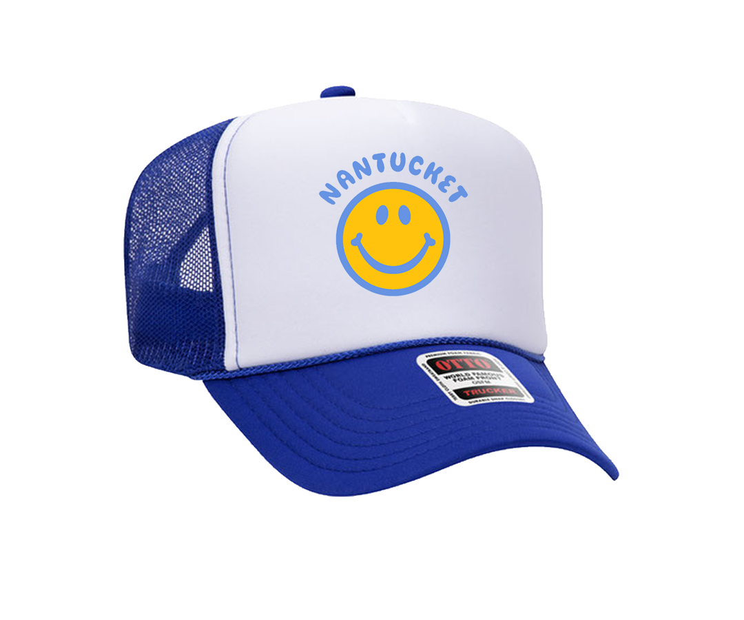Children's Royal Nantucket Happy Face Trucker Hat (White/Royal)