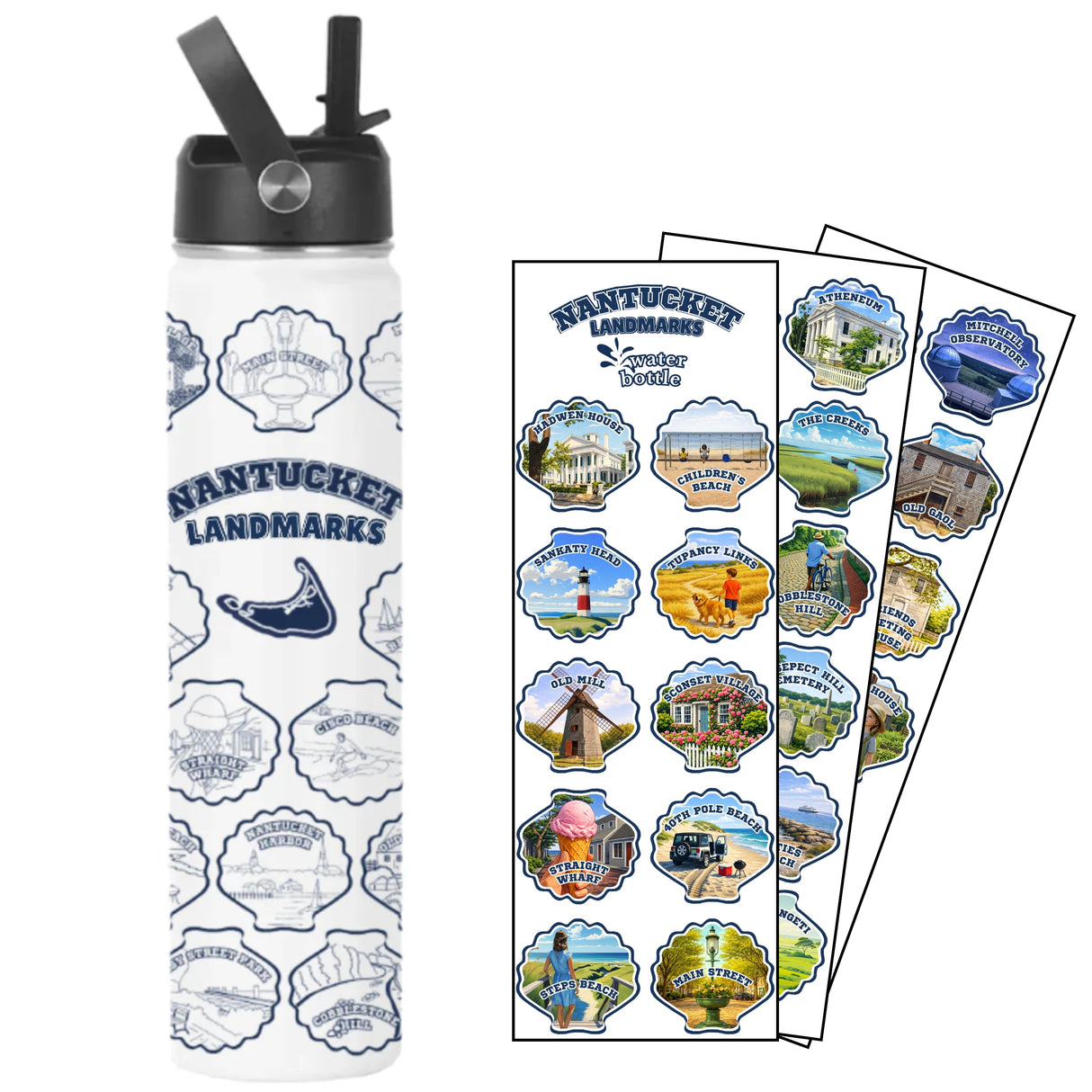 Nantucket Landmarks Water Bottle with Matching Stickers (White) 24oz.