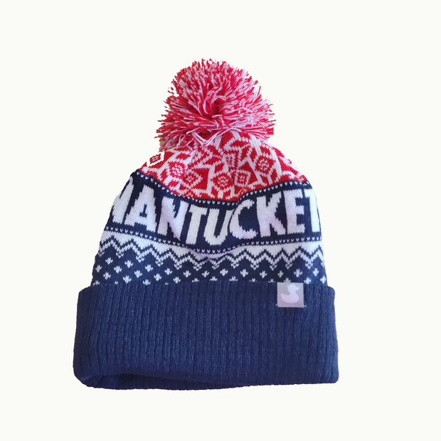 Scarlett: Children's Navy Nantucket Winter Hat (Navy, White, Red Pom)